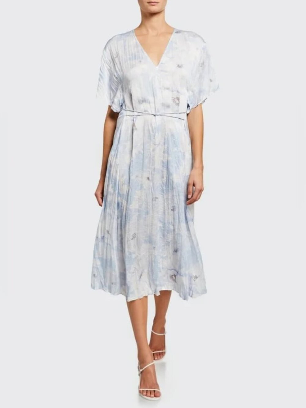 VINCE Painted magnolia Dress Elegant flowy midi silky luxe watercolor Blue MED